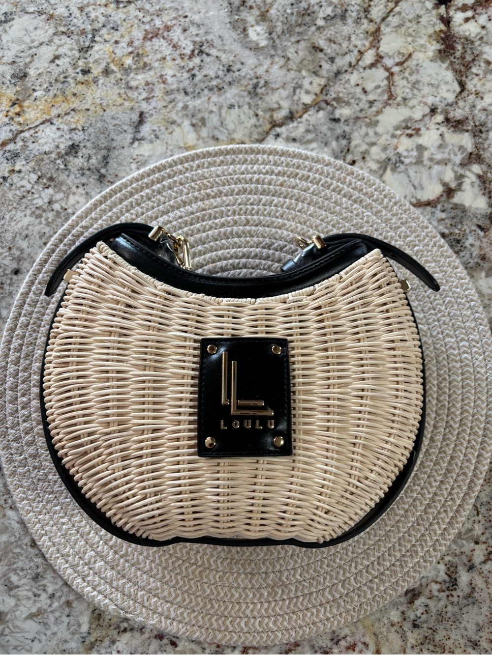 Loulu Cream Wicker Crossbody with Black Trim and Gold Hardware
